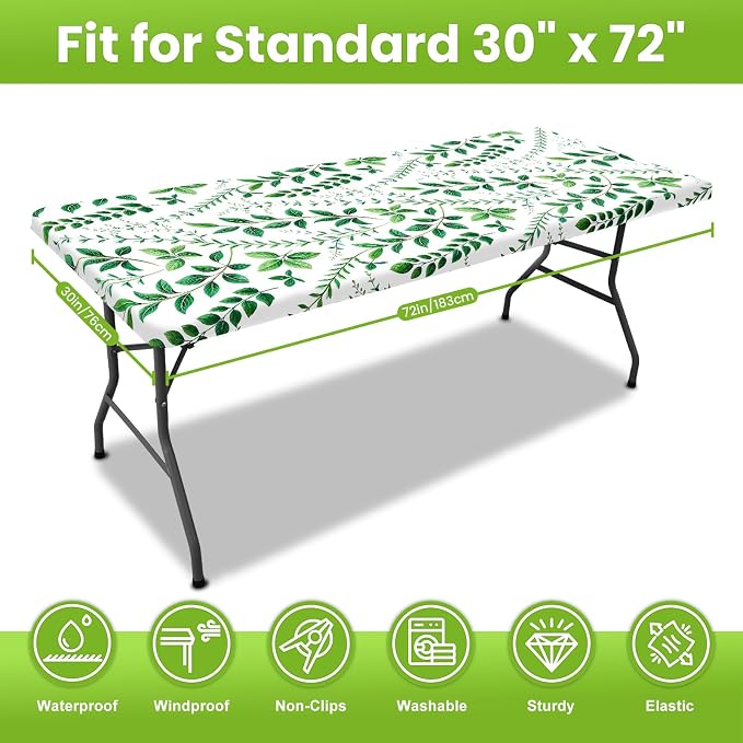Smiry Spandex Fitted Tablecloth for 6 Foot Rectangle Tables, Washable Picnic Table Cover with Elastic, Stretch Reusable Table Cloth for Outdoor, Camping, Dining & Kitchen (Leaf, 30"x72")