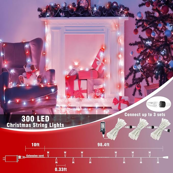 300 LED Christmas Lights Outdoor -100ft Extra Long Christmas String Lights 8 Modes Plug in Waterproof Fairy Lights with Timer Memory for Indoor Outside Bedroom Home Party Decoration, Red&White