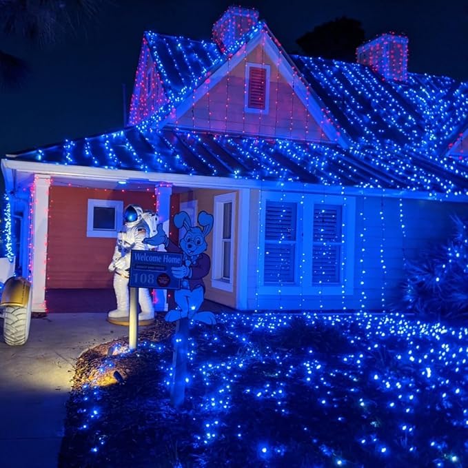QITONG Net Lights Outdoor Mesh Lights, 12ft x 5ft 360 LED Blue Christmas Light with 8 Modes, Connectable Clear Wire Bush Light Plug in