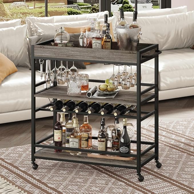Bar Cart, Home Bar Serving Cart on Wheels, Mobile 3 Tier Liquor Beverage Carts with Wine Rack and Glass Holder (Grey Oak)
