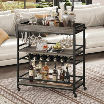 Bar Cart, Home Bar Serving Cart on Wheels, Mobile 3 Tier Liquor Beverage Carts with Wine Rack and Glass Holder (Grey Oak)