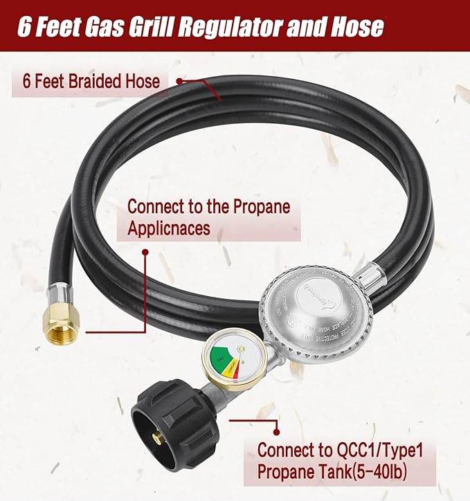 CALPOSE 6 Feet Propane Hose with Regulator & Gauge, Universal Gas Grill Regulator for Blackstone 28''/36'' Griddle, Weber Grill, Propane fire Pit and More, 3/8" Female Flare for Most LP Gas Grills