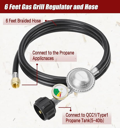 CALPOSE 6 Feet Propane Hose with Regulator & Gauge, Universal Gas Grill Regulator for Blackstone 28''/36'' Griddle, Weber Grill, Propane fire Pit and More, 3/8" Female Flare for Most LP Gas Grills