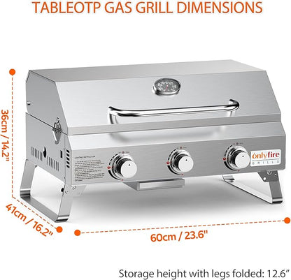 Tabletop Gas Grill 3 Burners, Portable Propane BBQ Grill with Foldable Legs & 22" Stainless Steel Grate for Outdoor Patio Backyard Barbecue, Camping Tailgating RV, 24000BTU High Output, Classic GS307