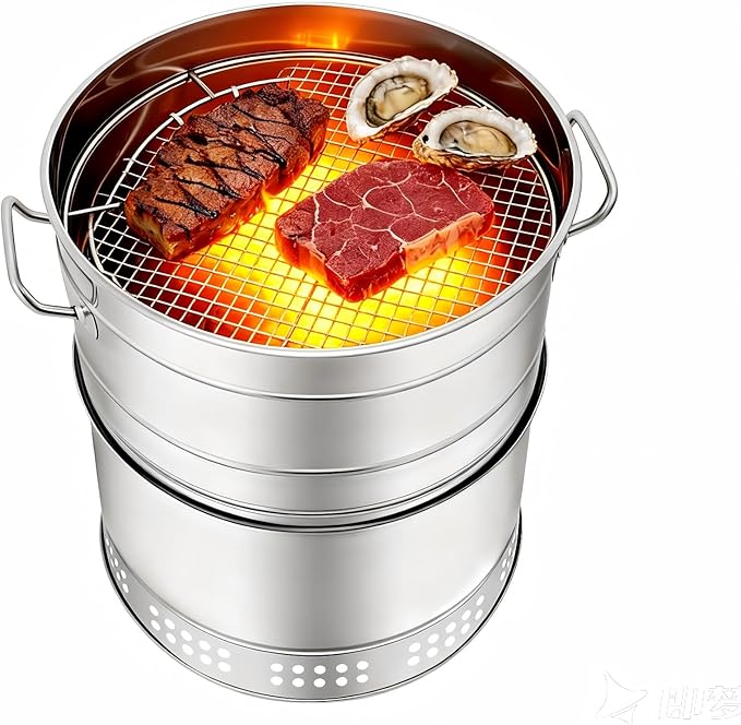Large Portable Charcoal Grill, Stainless Steel BBQ Barrel, 360 Degree Smokeless Outdoor Barbecue Grill, Hanging and Grill Net Dual Mode for Camping Travel Picnic Backyard Patio Family Gatherings