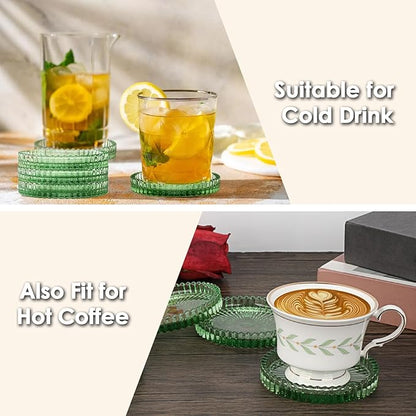 Modern Clear Coaster Set of 8- Glass Coasters for Drinks Crystal Coasters Round Cup Coaster Coffee Table Decor for Office, Kitchen, Bar, Dining Room, Living Room, Patio(Clear Green)