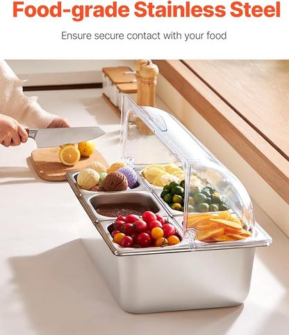 VEVOR Countertop Food Serving Display Container, 6 Pan Stainless Steel Food Serving Tray, Buffet Condiment Dispenser Display Rack with Clear Lid & 3 Freezer Boxes, for Restaurant Hotel Kitchen Party