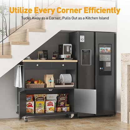Rolling Kitchen Island with Folding Drop Leaf Breakfast Bar, 35.4'' W Kitchen Cart with Storage Cabinet and 2 Drawers, Portable Mobile Kitchen Island Table with Towel Rack, Lockable Wheels, Black