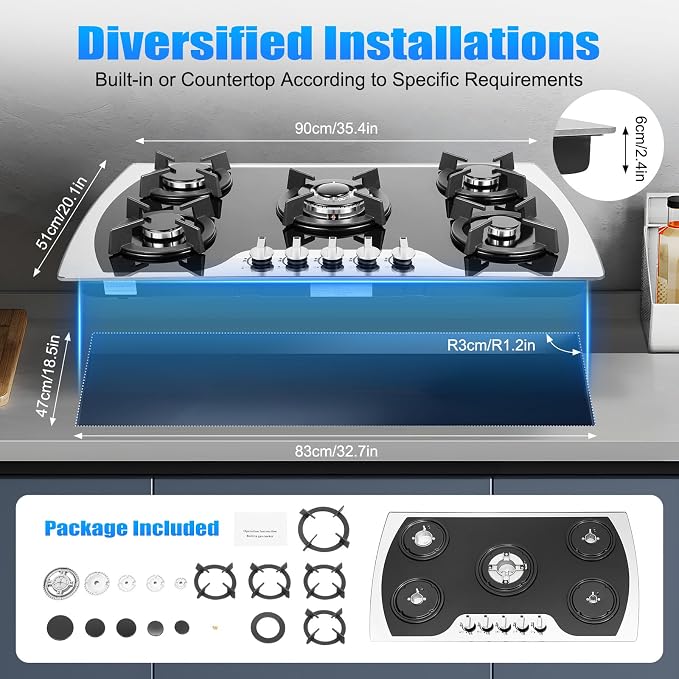 5 Burners Gas Stove, Al-alloy Built-In/Countertop Gas Cooktop with Electric Ignition and Tempered Glass Panel, 2000Pa LPG/NG Cooktop Stove for Kitchen Apartment