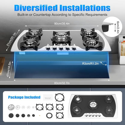 5 Burners Gas Stove, Al-alloy Built-In/Countertop Gas Cooktop with Electric Ignition and Tempered Glass Panel, 2000Pa LPG/NG Cooktop Stove for Kitchen Apartment