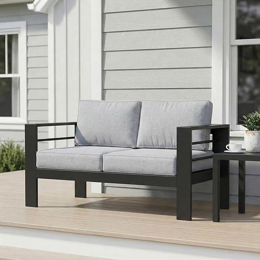 Wisteria Lane Metal Patio Furniture Sofa, All-Weather Outdoor Couch with Upgraded Cushions, Weather-Resistant Heavy Duty Modern Outdoor 2 Seats Sofa for Garden, Balcony, Deck, Backyard, Light Grey
