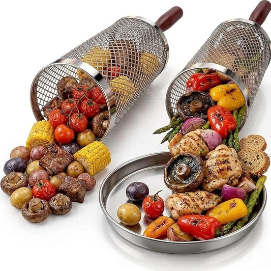 Rolling Grill Basket; 2 PCS; Stainless Steel; Nesting BBQ Tools; Grill Basket for Vegetables, Shrimp, Fish & Meat – Rotating BBQ for Outdoor Cooking and Grilling Accessories