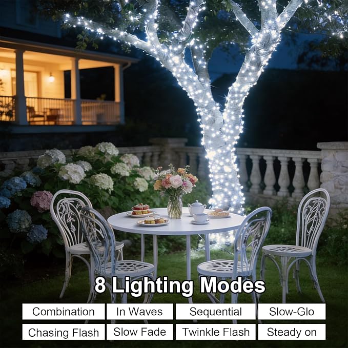 QITONG Solar Fairy Lights Outdoor Waterproof, 2 Pack Each 66ft 200 LED White Christmas String Lights, Silver Wire Twinkle Mini Lights with 8 Modes