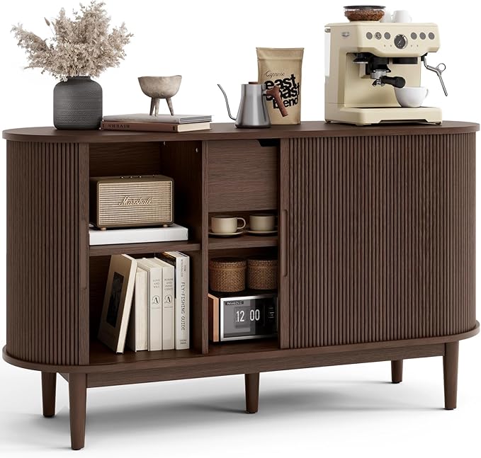 LINSY HOME 55" Sideboard Buffet Cabinet,Tambour Sliding Doors & Drawer | Vintage Walnut Fluted Coffee Bar Cabinet with Storage, Mid Century Modern Wood Storage Buffet Table for Kitchen, Living Room