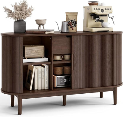 LINSY HOME 55" Sideboard Buffet Cabinet,Tambour Sliding Doors & Drawer | Vintage Walnut Fluted Coffee Bar Cabinet with Storage, Mid Century Modern Wood Storage Buffet Table for Kitchen, Living Room