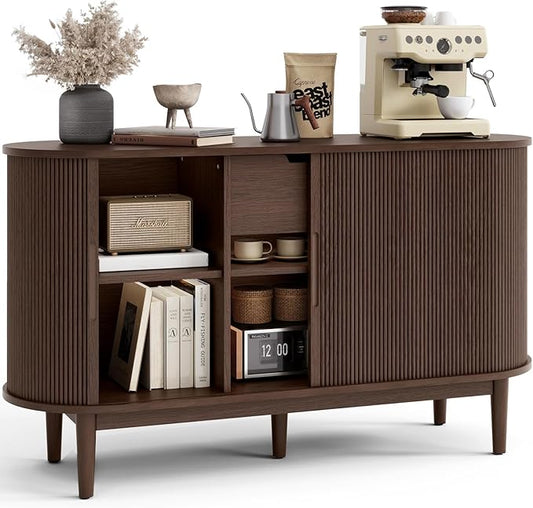 LINSY HOME 55" Sideboard Buffet Cabinet,Tambour Sliding Doors & Drawer | Vintage Walnut Fluted Coffee Bar Cabinet with Storage, Mid Century Modern Wood Storage Buffet Table for Kitchen, Living Room