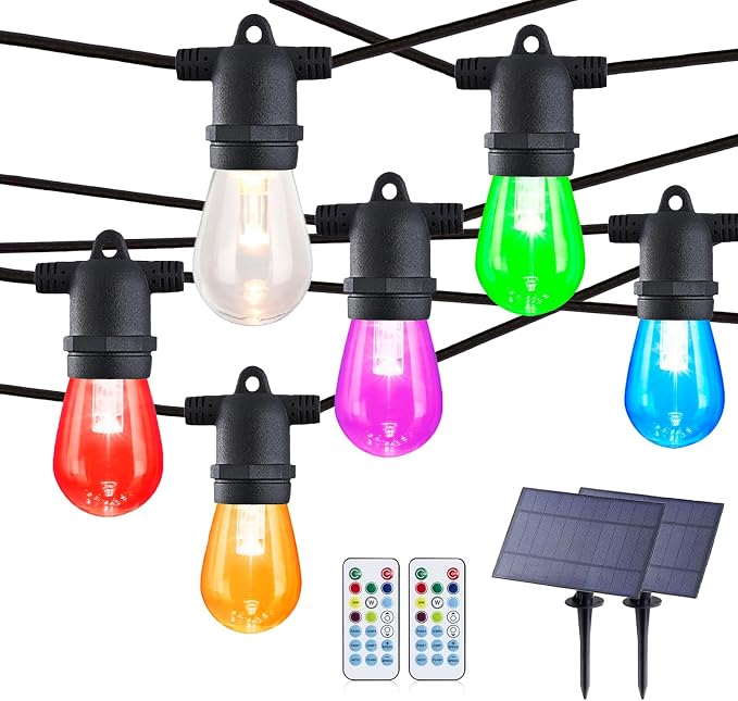 96FT Solar Outdoor String Lights – Dimmable RGB LED Patio Lights with Remote, Waterproof for Garden, Yard, Deck, and Backyard Decor