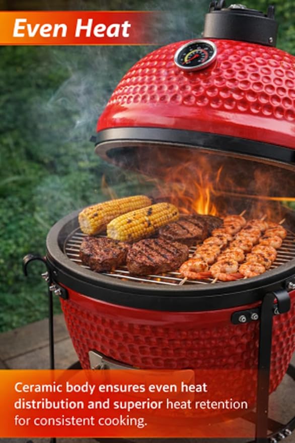 13-in W Kamado Grill with Built-in Thermometer, Oval Grill with Cast Iron Grates, Bamboo handle, Portable Ceramic Grills with Low Stand for Backyard, Patio, Deck grilling, Red