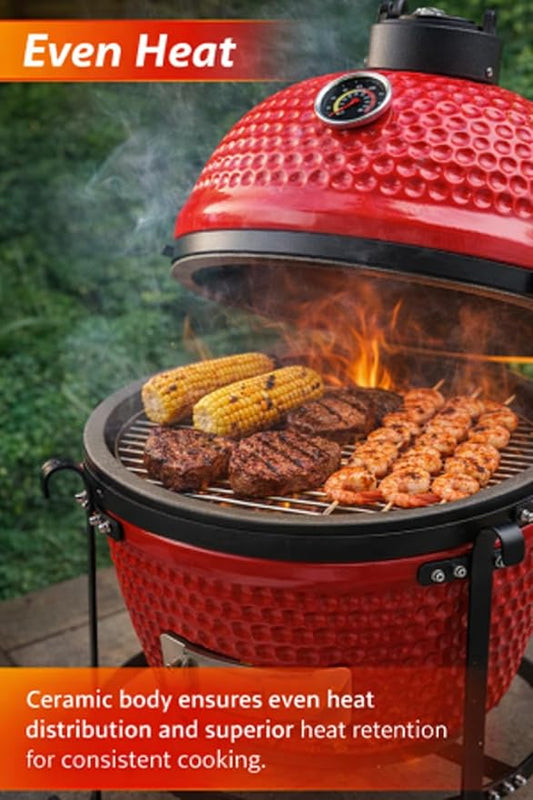 13-in W Kamado Grill with Built-in Thermometer, Oval Grill with Cast Iron Grates, Bamboo handle, Portable Ceramic Grills with Low Stand for Backyard, Patio, Deck grilling, Red