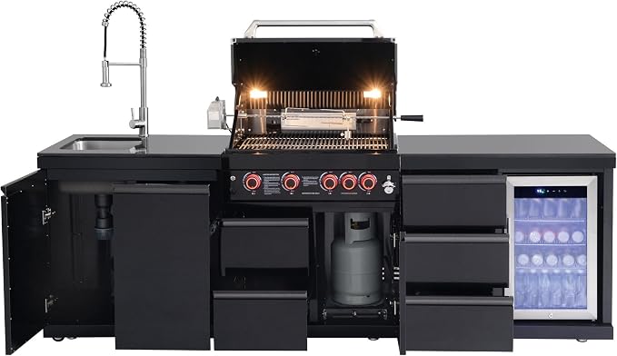 102.4'' Outdoor Kitchen Island, All-In-One 4 Burner Modular Outdoor Kitchen for Backyards, 59500 BTU, BBQ Grill with 304 Stainless Steel, Black Outdoor Kitchens with Sink, Refrigerator
