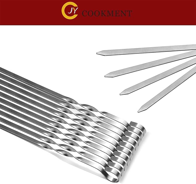 Kabob Skewers 14" Stainless Steel Long Barbecue Skewers, Flat Metal Kebob | BBQ Sticks Wide Reusable Grilling Skewers for Meat Chicken, Set of 12pcs with Storage Bag by JY COOKMENT