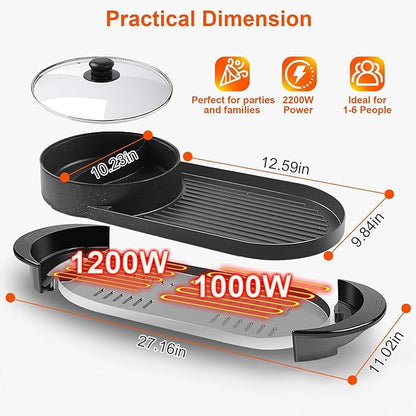 Hot Pot with Grill, 2 in 1 Korean BBQ Grill Shabu Shabu Hot Pot, 2200W Indoor Smokeless Hotpot Pot Combo Electric W/Large Baking Tray, Divider & Separate Dual Temperature Control for 2-12 People, 110V
