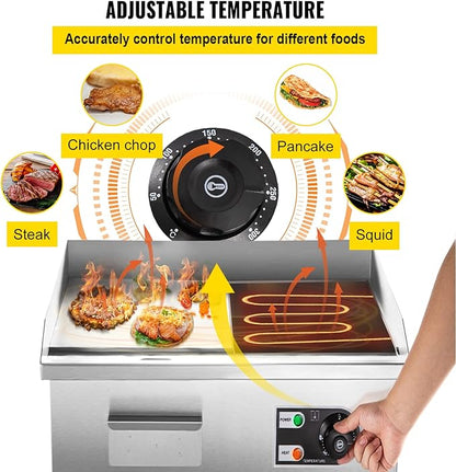 VEVOR 14" Commercial Electric Griddle,110V 1500W Electric Countertop Griddle Non-Stick Restaurant Teppanyaki flat top Grill Stainless Steel 122°F-572°F Adjustable Temperature Control(No Plug)