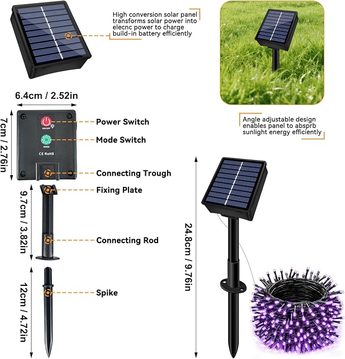 Solar String Lights Outdoor Waterproof 2 Pack Total 66ft 200LED Purple | 8 Modes Twinkle Lights Solar Fairy Lights for Patio, Garden Yard Party Wedding Tree Christmas Halloween Decoration