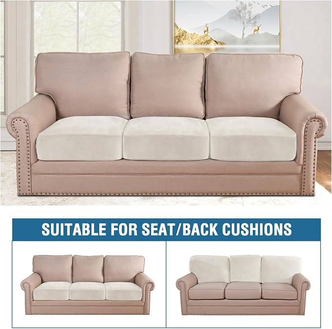 H.VERSAILTEX Velvet Stretch Couch Cushion Cover Plush Cushion Slipcover for Chair Loveseat Sofa Cushion Furniture Protector Seat Cushion Sofa Cover (3 Piece Sofa Cushion Covers, Porcelain White)