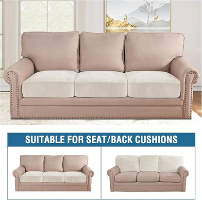 H.VERSAILTEX Velvet Stretch Couch Cushion Cover Plush Cushion Slipcover for Chair Loveseat Sofa Cushion Furniture Protector Seat Cushion Sofa Cover (3 Piece XL Sofa Cushion Covers, Porcelain White)