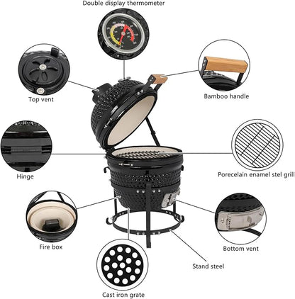 13" Ceramic Grill Round Portable Charcoal Barbecue Grills with Thermometer, Compact BBQ Grill for Garden Backyard Party Picnic Hiking Travel Outdoor Cooking Use, Easy to Assemble, Black
