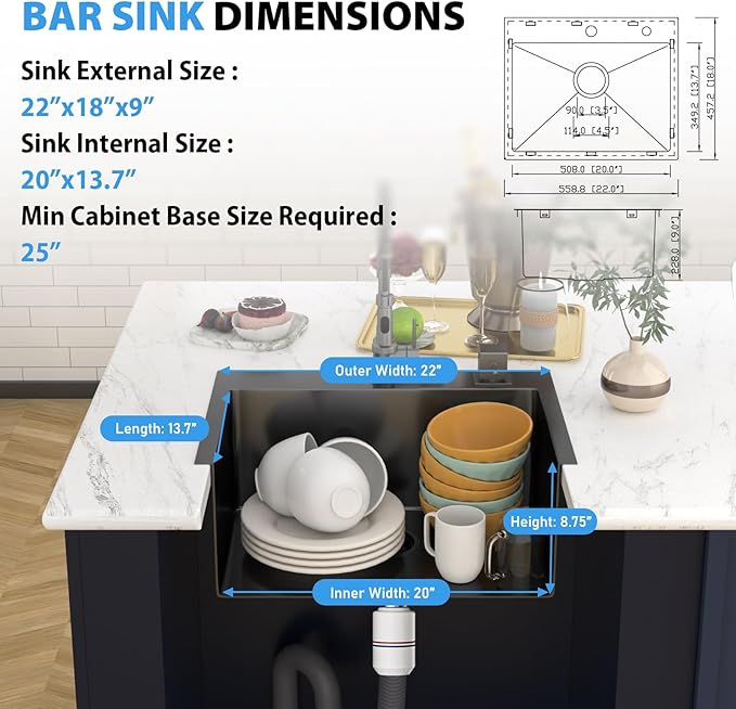 22 In Gunmetal Black Drop Bar Sink 22 x 18 Inch Kitchen Sink 18 Gauge Stainless Steel Single Bowl Topmount Handmade Sink for Outdoor, RV, 22x18x9