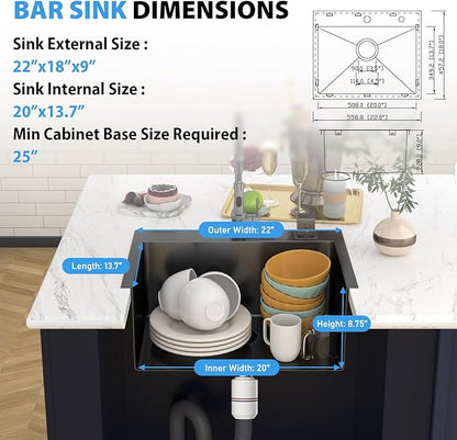 22 In Gunmetal Black Drop Bar Sink 22 x 18 Inch Kitchen Sink 18 Gauge Stainless Steel Single Bowl Topmount Handmade Sink for Outdoor, RV, 22x18x9