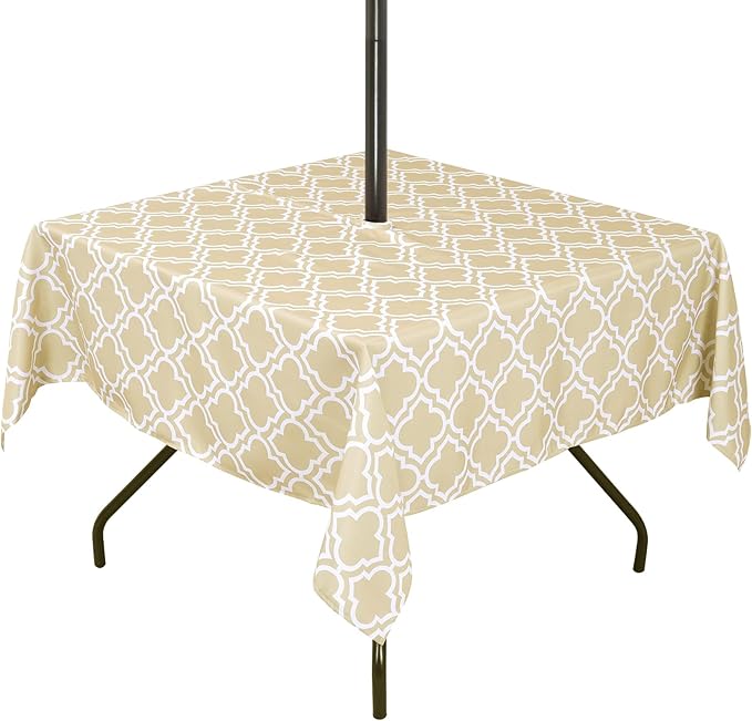 Poise3EHome Square Outdoor Tablecloth with Umbrella Hole and Zipper,Khaki 60x60 Inch,Polyester SpillProof Washable Table Cloth for Spring Summer Patio Garden Poolside Picnic Camping BBQS