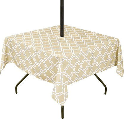 Poise3EHome Square Outdoor Tablecloth with Umbrella Hole and Zipper,Khaki 60x60 Inch,Polyester SpillProof Washable Table Cloth for Spring Summer Patio Garden Poolside Picnic Camping BBQS