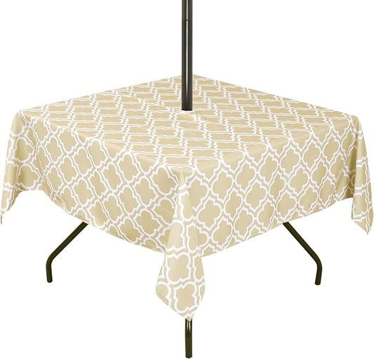Poise3EHome Square Outdoor Tablecloth with Umbrella Hole and Zipper,Khaki 60x60 Inch,Polyester SpillProof Washable Table Cloth for Spring Summer Patio Garden Poolside Picnic Camping BBQS