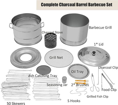 Portable Smokeless Barbecue Charcoal Barrel Grill, Stainless Steel Surround Charcoal Kebab Grill with 50 Skewers, 2-In-1 BBQ Grills for Outdoor Indoor Camping Picnics Gardens Parties