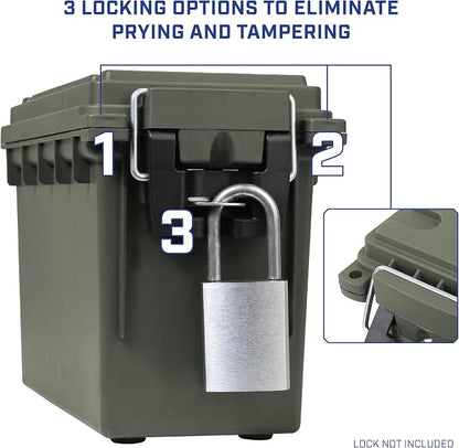 Sheffield 12626 Ammo Storage Box, Stackable .30 Cal Field Boxes, Water and Dust Resistant, Lockable Storage Box with Handle, Secures Hunting Gear, Supplies, and Bullets, Made in USA, Green, 1-Pack | Lockable Storage Box, Water and Dust Resistant Dry Bo...