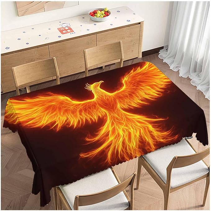 Fire Bird Decorative Table Cover for Kitchen, Fantasy Fire Phoenix Bird Oblong Tablecloth Dining Table Cloth Tabletop Tablecloths for BBQ Picnic Coffee 52"X70", 4-6 Seats