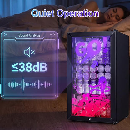 Small Beverage Refrigerator with LED Light Up Door – 128 Can Freestanding Drink Fridge, Mini Beer Cooler with 4 Removable Shelves, Child Safety Lock for Party Bar Gaming Room,World Cup Edition