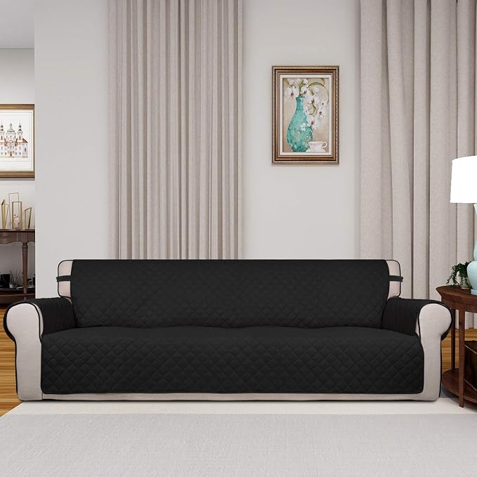 PureFit Reversible Quilted Couch Covers for Dogs Sofa Cover 4 Seater 88" | Black/Beige, Water Resistant Couch Protector, Washable Pet Couch Cover with Non Slip and Elastic Straps For Kids