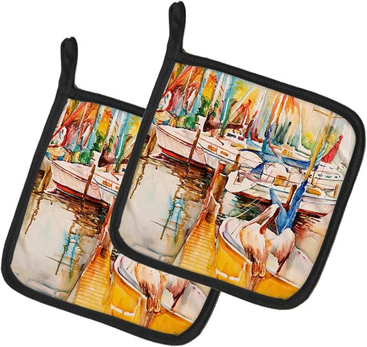 Caroline's Treasures JMK1238PTHD Pelicans and Sailboats Pair of Pot Holders Kitchen Heat Resistant Pot Holders Sets Oven Hot Pads for Cooking Baking BBQ, 7 1/2 x 7 1/2