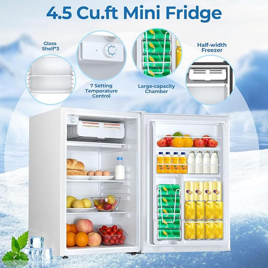 Electactic 4.5 Cu.ft Mini Fridge with Freezer, Compact Refrigerator with Reversible Single Door, Adjustable Thermostat, Low Noise, Energy Efficient for Office, Dorm, Bedroom, Apartment White