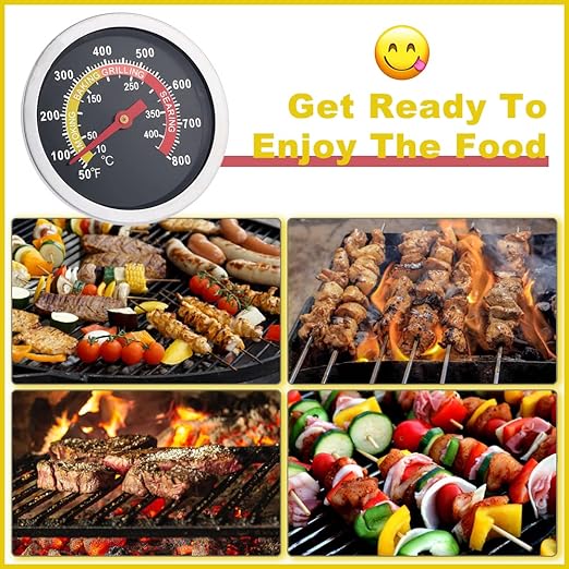 2 3/8" Face 800F Charcoal BBQ Thermometer, Barbecue Temperature Gauge Grill Pit Wood Smoker Outdoor Meat Beef Pork Lamb Cooking Heating Camping Replacement Parts