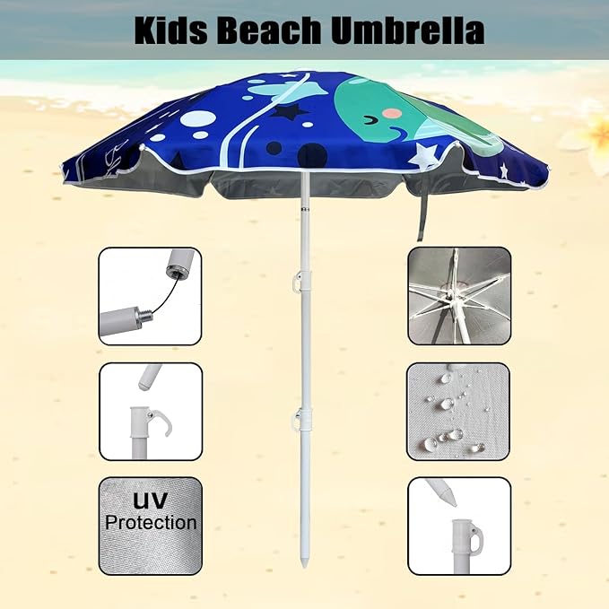 LOTTAFUN Kid 5ft Beach Umbrella Diameter 0.99-1.2 Inches Pole UV 50+ Portable Sun Shade with Sand Anchor & Carry Bag, Outdoor Folding Umbrella for Beach,Pool,Patio,Garden (Dophin)NO Tilt The sand needs to be over 5inches above the bottom
