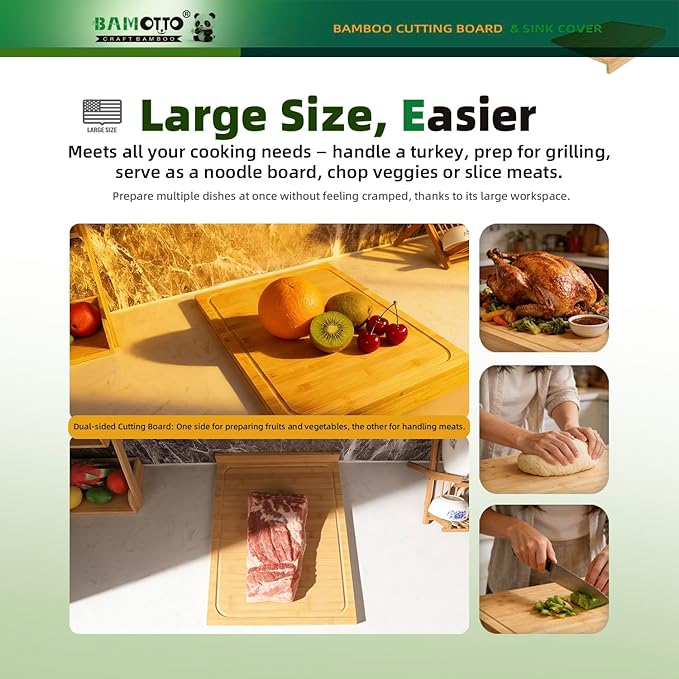 BAMOTTO CRAFTBAMBOO 15.8x22 Inch Large Bamboo Cutting Board, Reversible with Juice Grooves & Detachable Lip, Stovetop Cover and Sink Cover Board for Kitchen Counter
