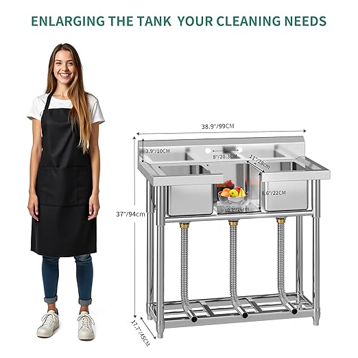 YITAHOME Freestanding Commercial 3 Bay Kitchen Under bar Sink NSF Stainless Steel 3 Compartment Bowl Outdoor Sink with Storage Shelve, Backsplash for Restaurant, Food Truck & Home (39"x 18"x 37")
