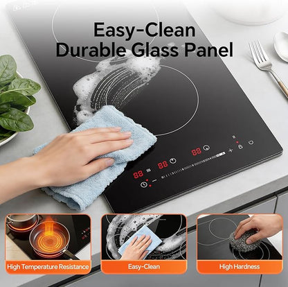 Ranein 12 Inch 2 Burner Electric Cooktop, Max 3000W 240V Ceramic Panel Built-in Electric Stove Top, with Child Safety Lock, Timer, Over-Temperature Protection