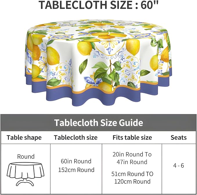 Honellaty 60 Inch Round Outdoor Tablecloth with Umbrella Hole and Zipper, Waterproof Wipeable Lemon Tablecloth for Patio Table, Backyard BBQ and Picnic