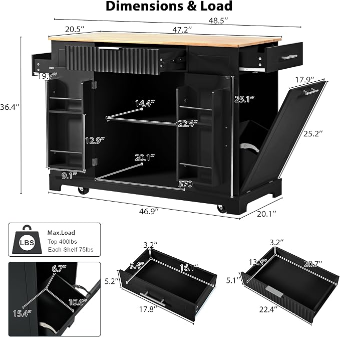 Ball & Cast Fluted Kitchen Island with Trash Can Storage Cabinet,Power Outlet,Internal Storage Rack,Rolling Kitchen Islands On 5 Wheels W/3 Drawers & 3 Open Side Racks for 10 Gallon Garbage Bin,Black